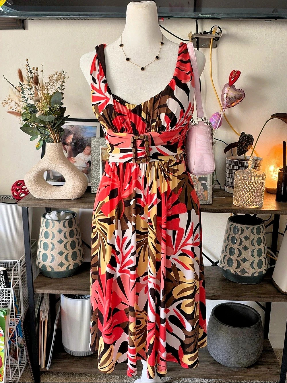 Vintage Bisou Bisou Y2K Tropical Leaf Print Midi Dress